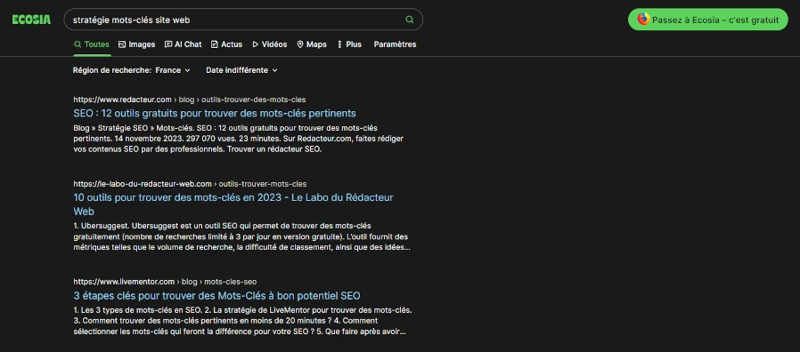 résultats moteur de recherche Ecosia